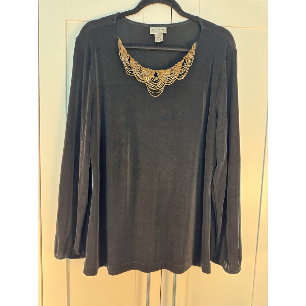 Chico’s Travelers Black Top Size 3/XL Stretch Knit Gold Beaded Career Cocktail